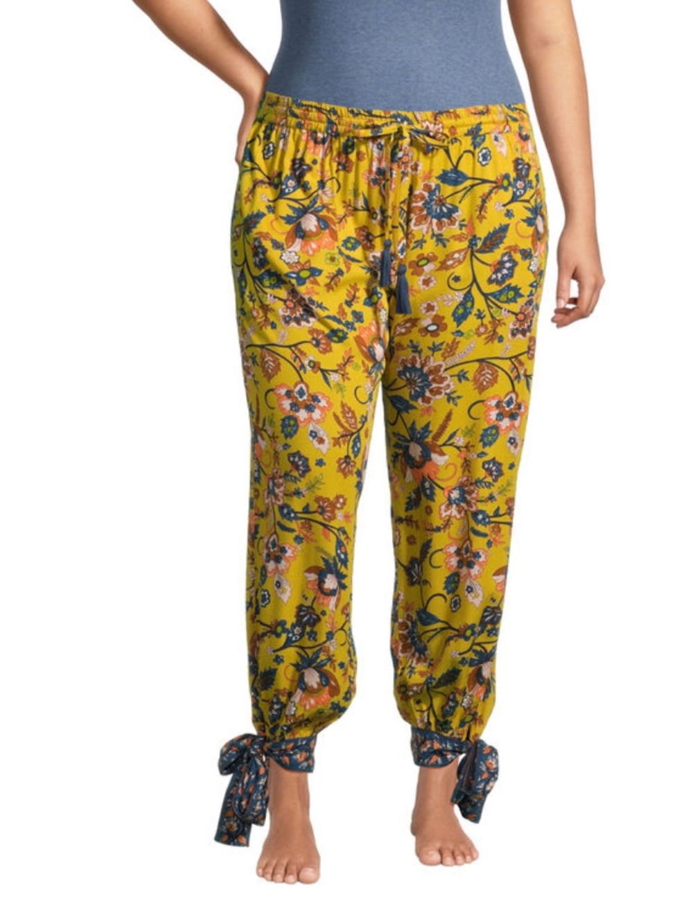 Lola Yellow Blue Scrolling Floral Pajama Lounge Pants Jogger Tie Cuff S M
